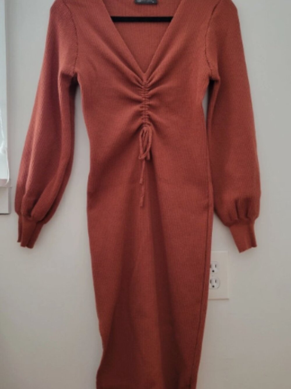 PRETTY GARDEN Womens Dress Size S Orange Ruched Sweater Midi Lantern Sleeve Knit - Picture 2 of 7